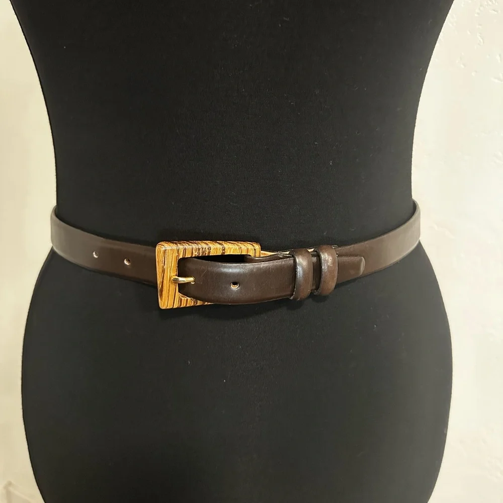 Saks Fifth Avenue Brown Leather Wood Buckle Belt Sz L New